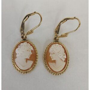 Carla Cameo Earrings 14K Gold Dangle Petite Leverback Carved Pink Shell Vintage
